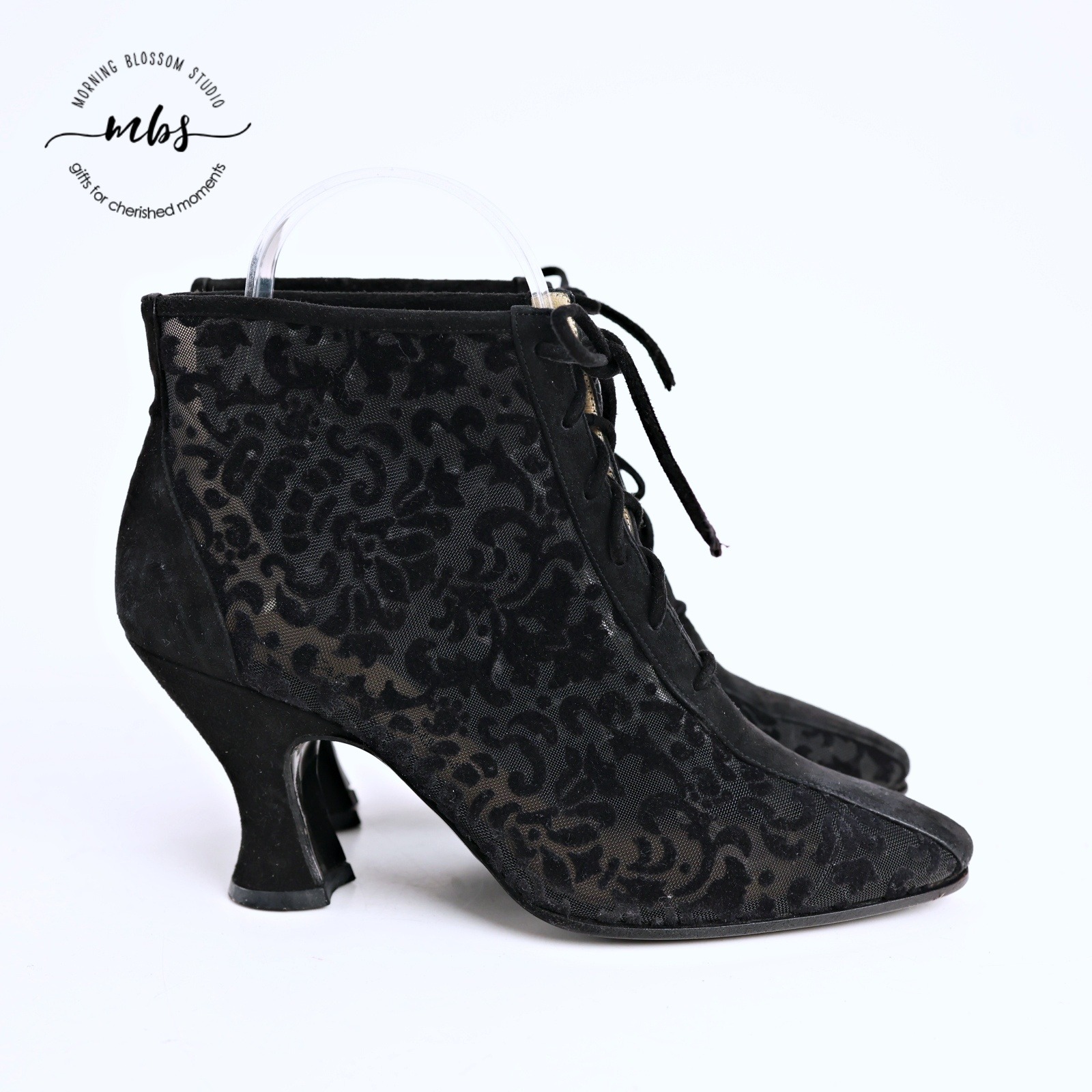 Yves Saint Laurent Damask Velvet Lace Up Curved Heel Booties Black Women 5